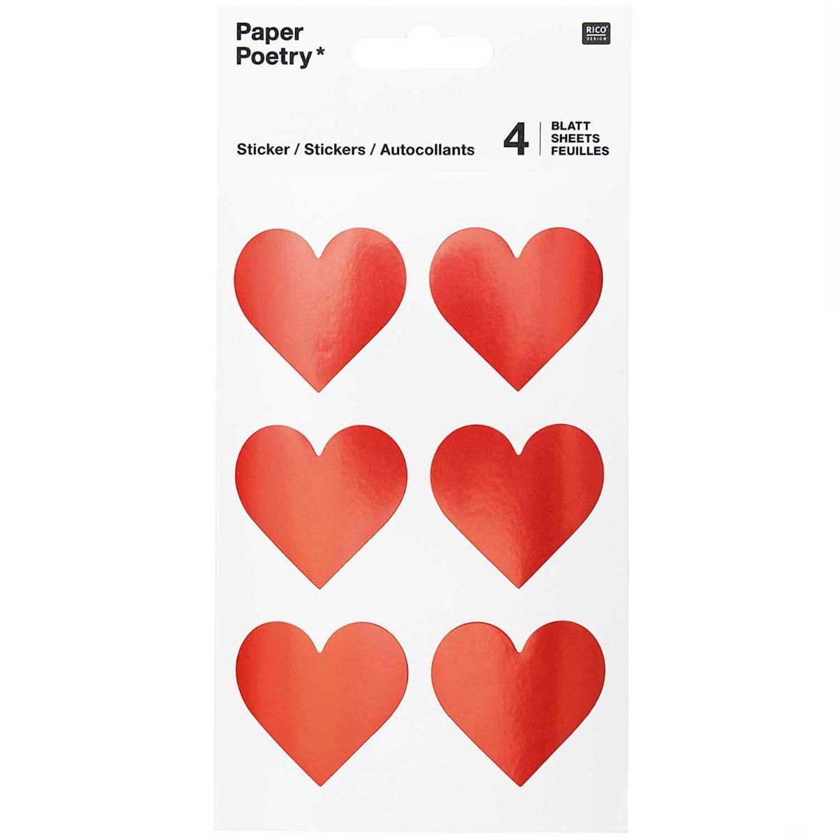 Planches de 6 stickers coeurs rouges Rico Design
