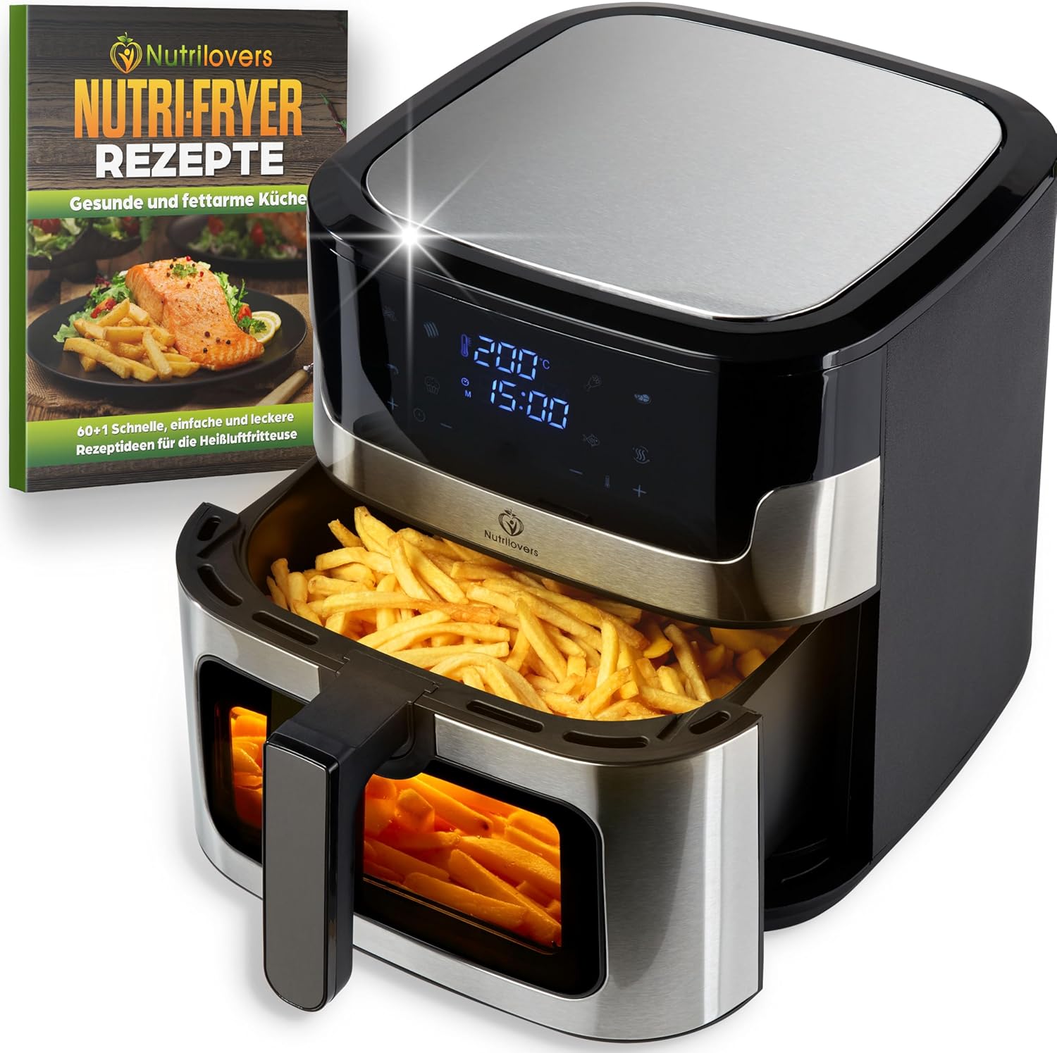 Nutrilovers Heißluftfritteuse NUTRI-FRYER EDELSTAHL XXL 8L, 2000W, Airfryer Edelstahl mit LED Touch Display, Double Heating Technologie, Sichtfenster, fettarme Pommes Fritteuse ohne Öl inkl. Rezepte