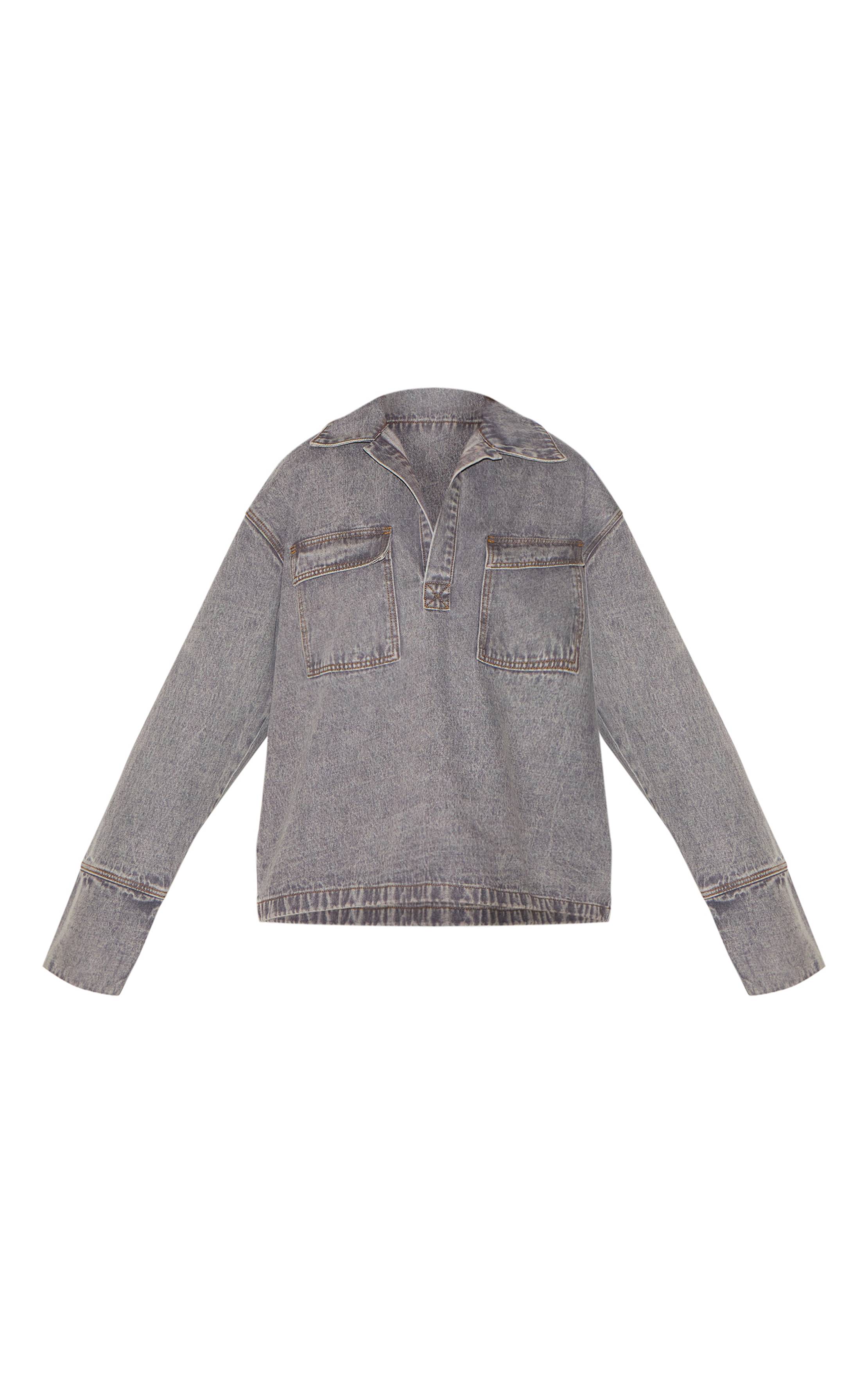 Gris Chemise De Rugby En Denim Décontractée À Manches Longues Bleu Vintage