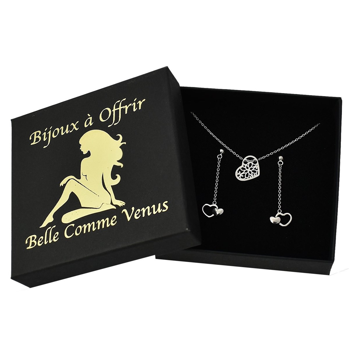 Parure 2 coeurs chaînettes pendantes coeur ajouré d'arabesques Argent 925 Rhodié