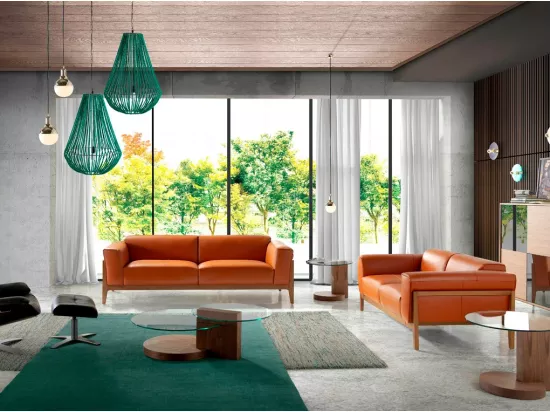 Canapé 3 places bois noyer et cuir Kilane-Couleur Aqua 82 Taupe