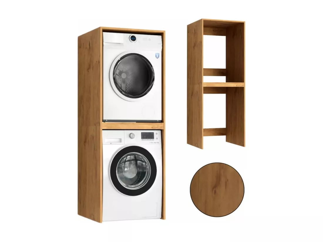 Armoire de salle de bain au-dessus de la machine à laver et du sèche-linge, étagère en chêne Lancelot.