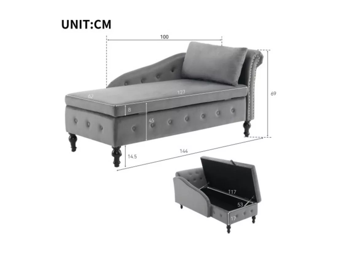 Chaise longue en velours avec coutures cloutées et boutonnées, rangement, coussins