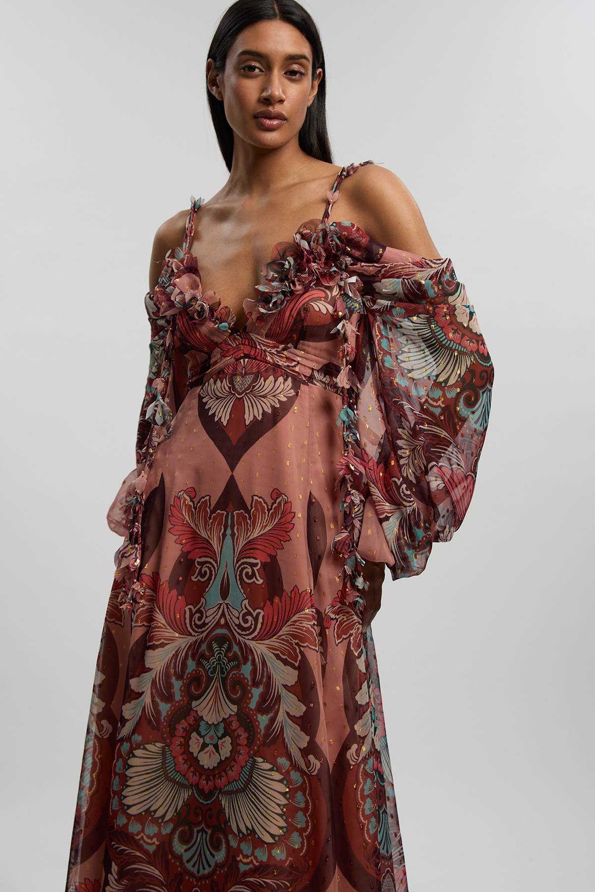 KarenMillen Robe Longue Tissée À Épaules Dénudées Imprimée À Fils Métalliques Petite