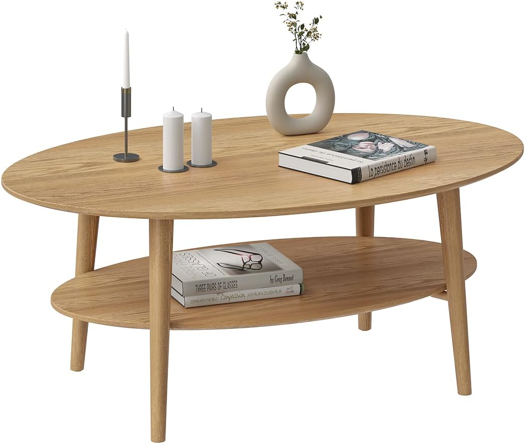 skølm Mjölnir Couchtisch oval – Wohnzimmertisch aus Eiche Massivholz – Sofatisch mit 2 Ablagen – kleiner Beistelltisch Natur geölt – Holztisch Wohnzimmer mit Stauraum – Coffee Tablen 70x110 cm