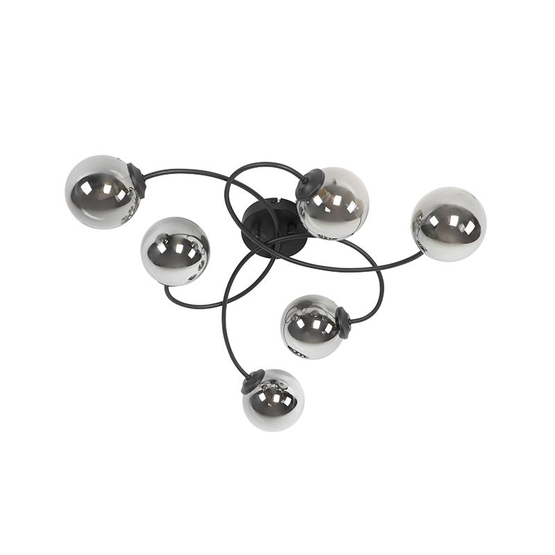 Moderne plafondlamp zwart 6-lichts met smoke glas - Athens