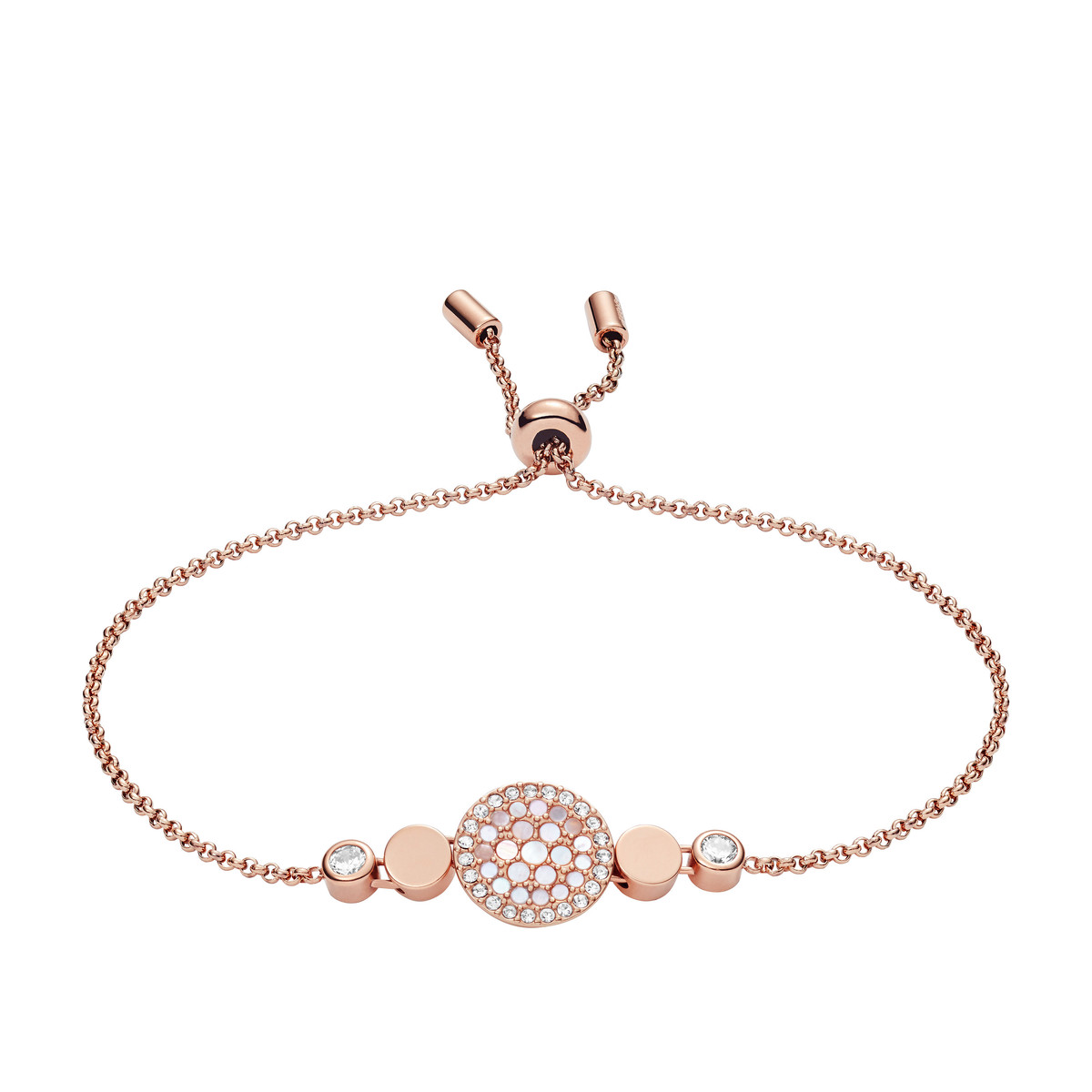 Bracelet FOSSIL acier inoxydable doré rose nacres et strass.
