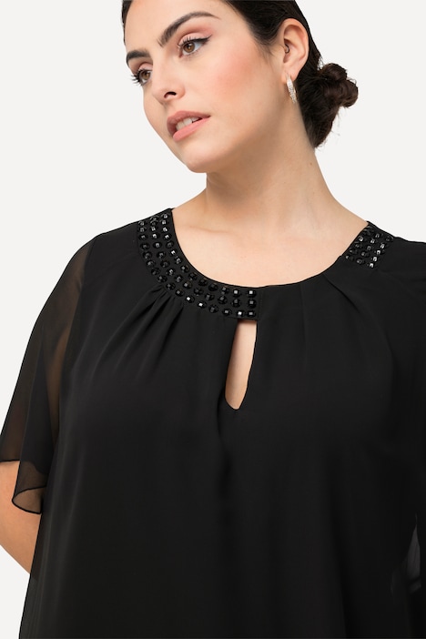 Chiffonkleid, Schmucksteine, A-Linie, Rundhals, Halbarm