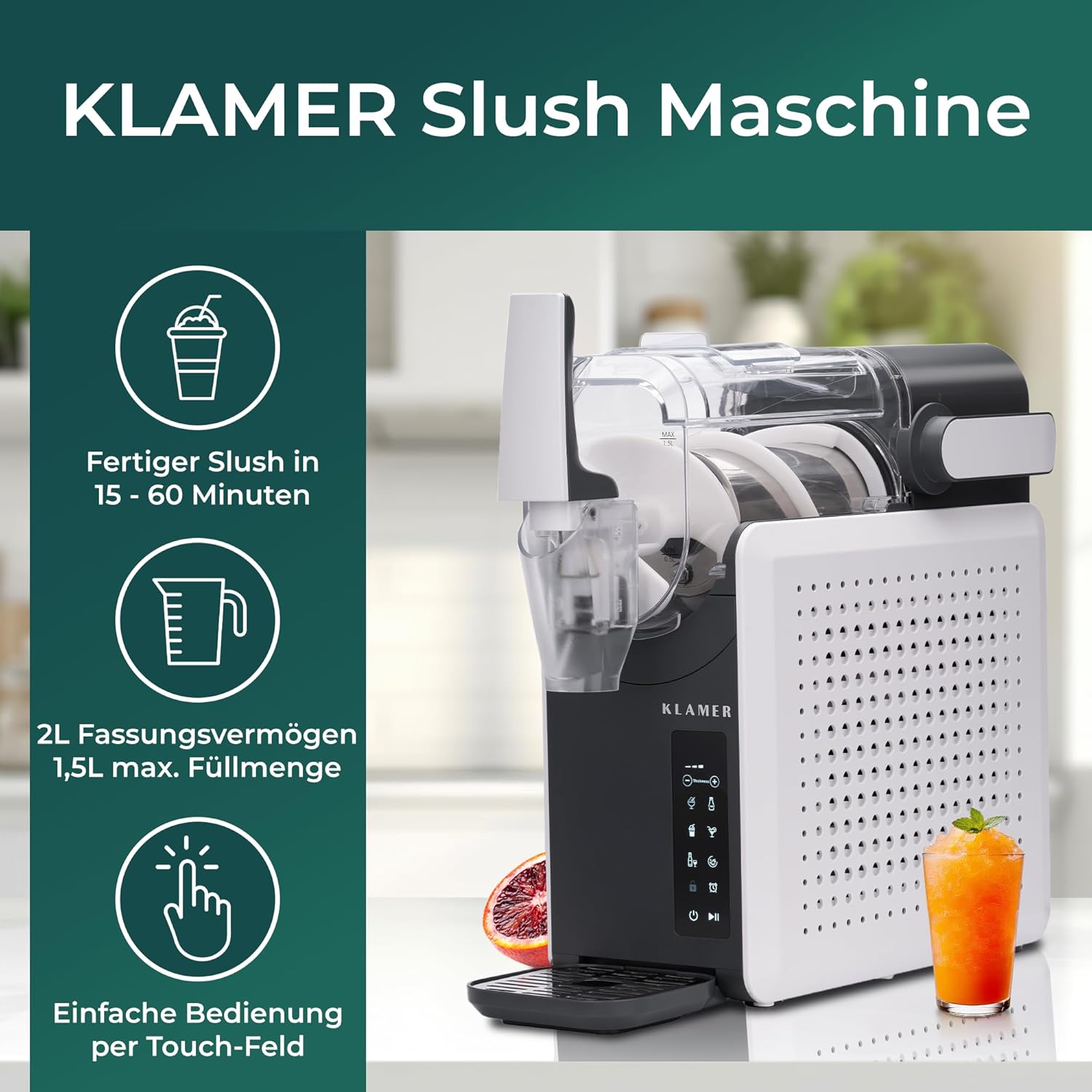 KLAMER Slush Maschine, mit 5 voreingestellten Programmen: Slushie, Cocktail, Milchshake, Frappé, Wein, Automatische Reinigung, 2L Fassungsvolumen, Turbo Freeze, kein Eis erforderlich