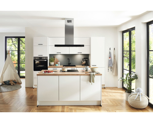 Nobilia Elements keukenblok zonder apparatuur Urban 300 cm alpinewit mat voorgemonteerde variant links 4004539053878