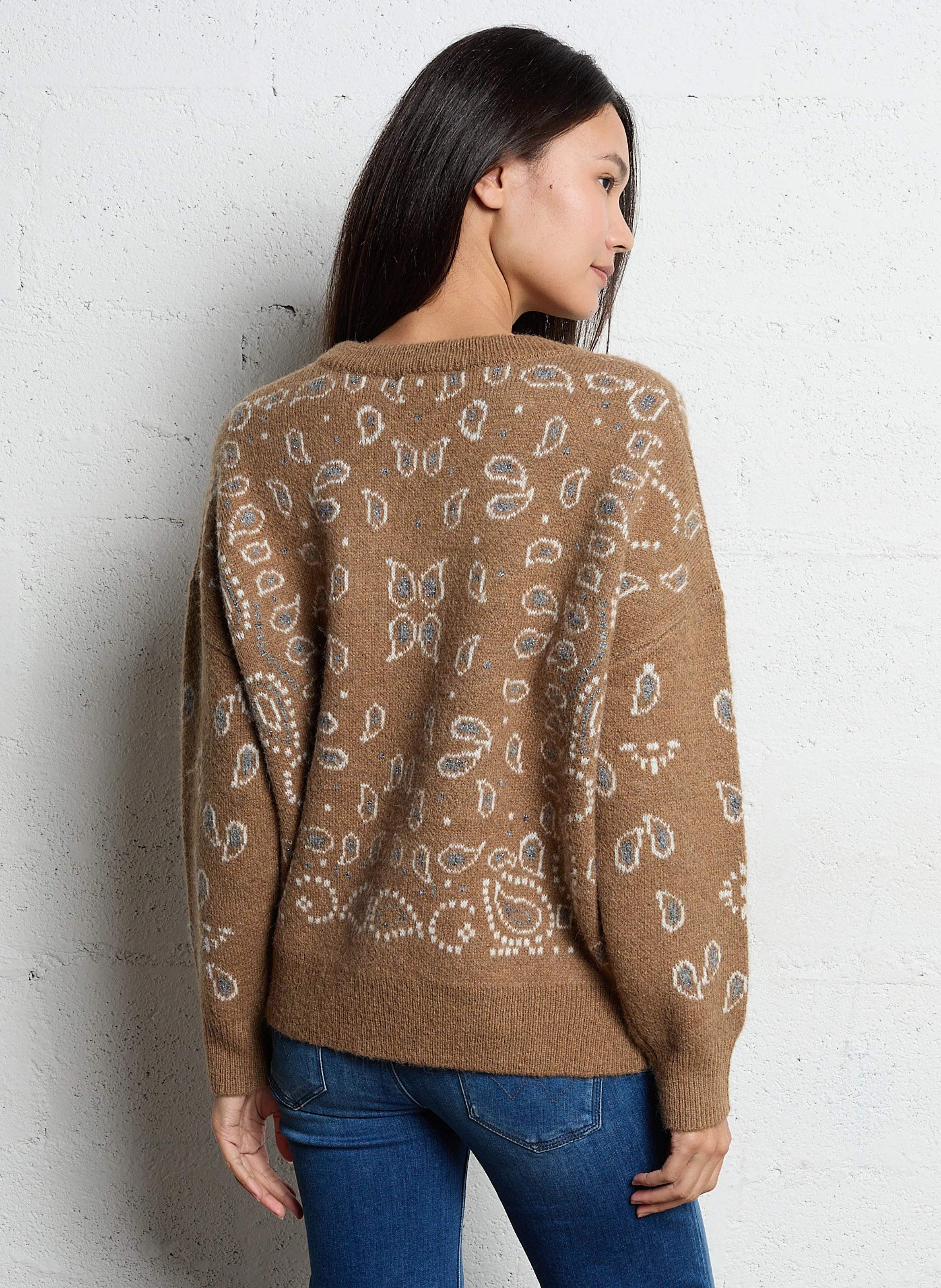 FARIT - Pull ample col rond en jacquard cachemire | Marron