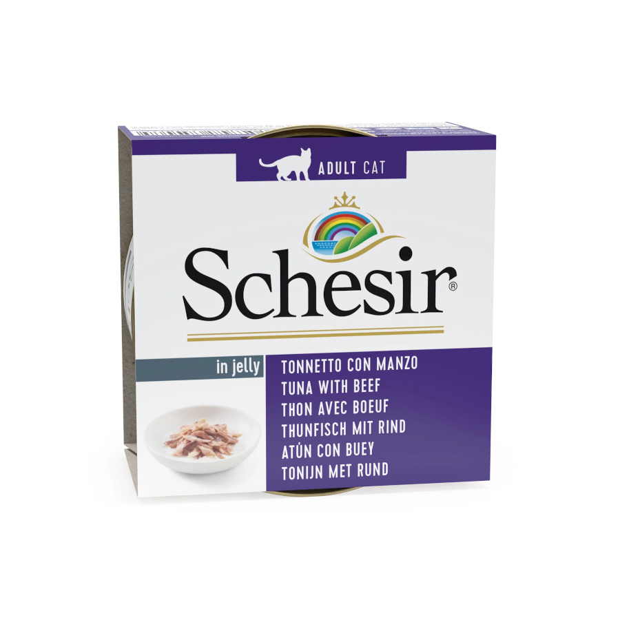 Lata de 85g de atum com carne em gelatina Schesir para gatos adultos.