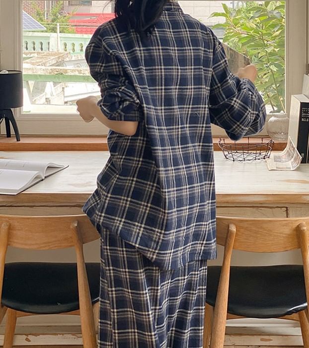 lolliert - Pyjamaset: geruite top met lange mouwen, kraag en knopen + broek