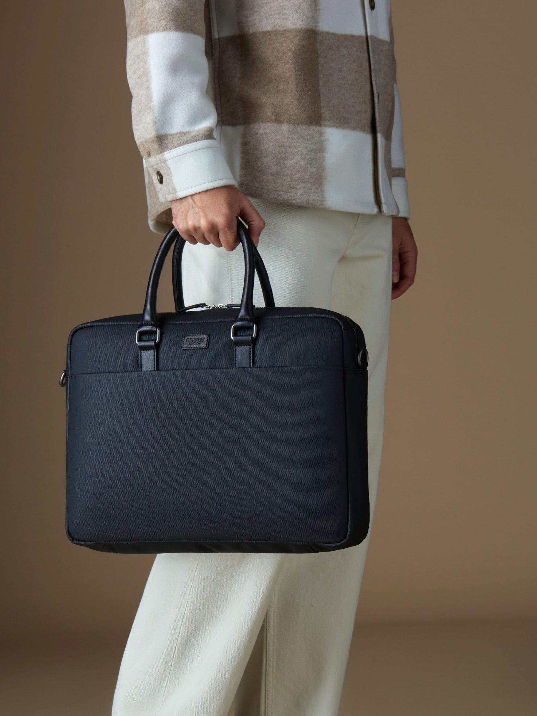 Grijs en zwart - OSPREY LONDON - Gewaxte canvas en glanzende kalfsleren Grantham laptoptas