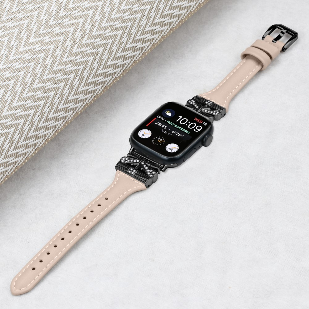 Apple Watch (42/41/40/38 mm) Leder Armband im Slim Design mit schwarzer Glitzerstein-Schnalle (Gelenkumfang: 175-220mm) - Rosa