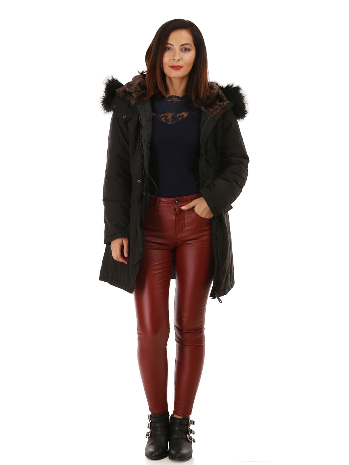 Parka à capuche fourrée et fausse fourrure- Noir