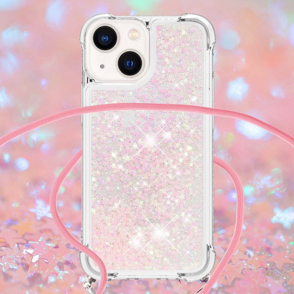 iPhone 15 Necklace Gummi Hülle Liquid Glitzer   Handykette (130cm) - Rosa