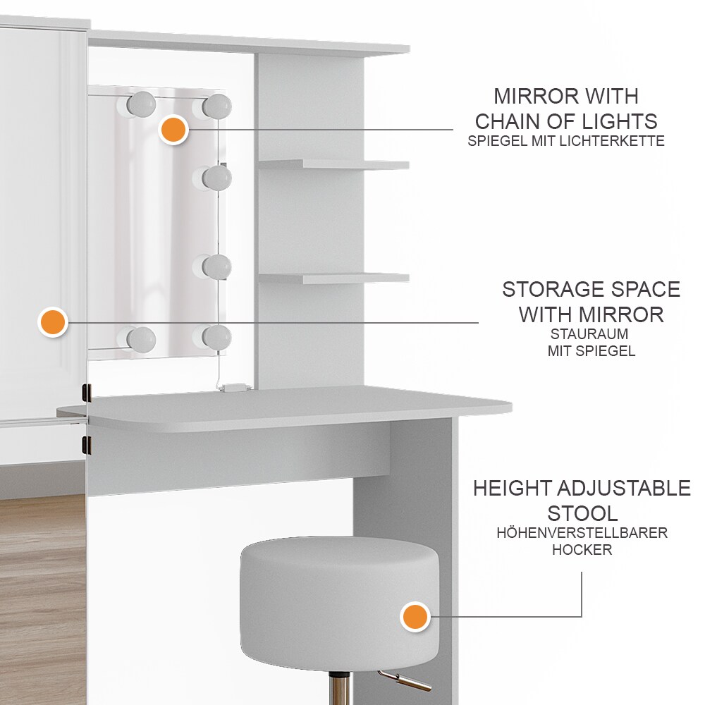 Vicco Schminktisch Jasmin Weiß 123 cm mit LED-Beleuchtung und Hocker