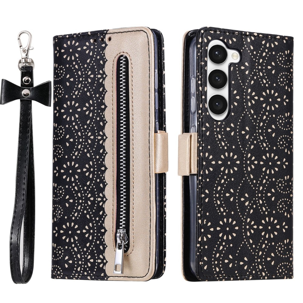 Samsung Galaxy S23 5G Leder Tasche Flip Cover mit Reissverschluss - Schwarz / Gold