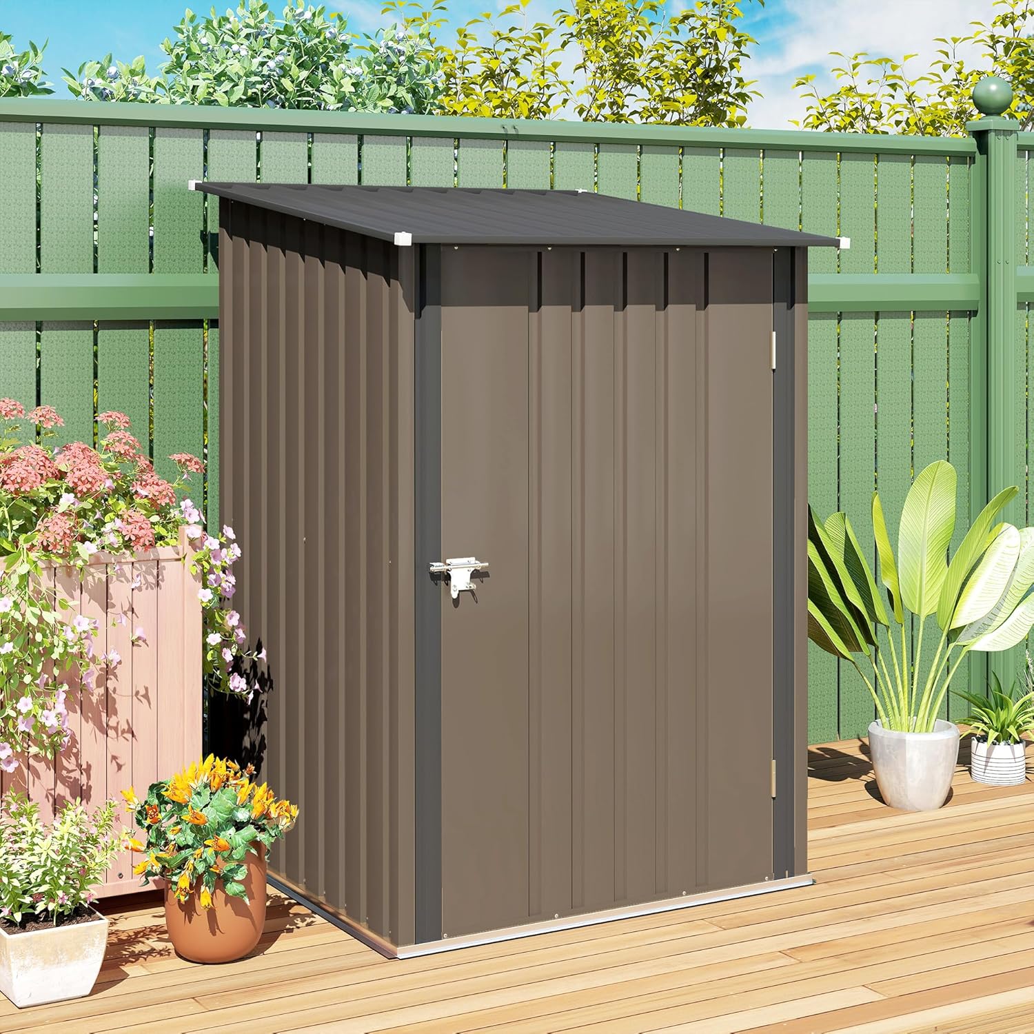 Outsunny Metall Gerätehaus 0,92 m² 100x103x160cm Geräteschuppen mit Pultdach Abschließbarer Tür Gartenhaus Outdoor Garten Schuppen Schrank für Hinterhof Außenbereich Braun
