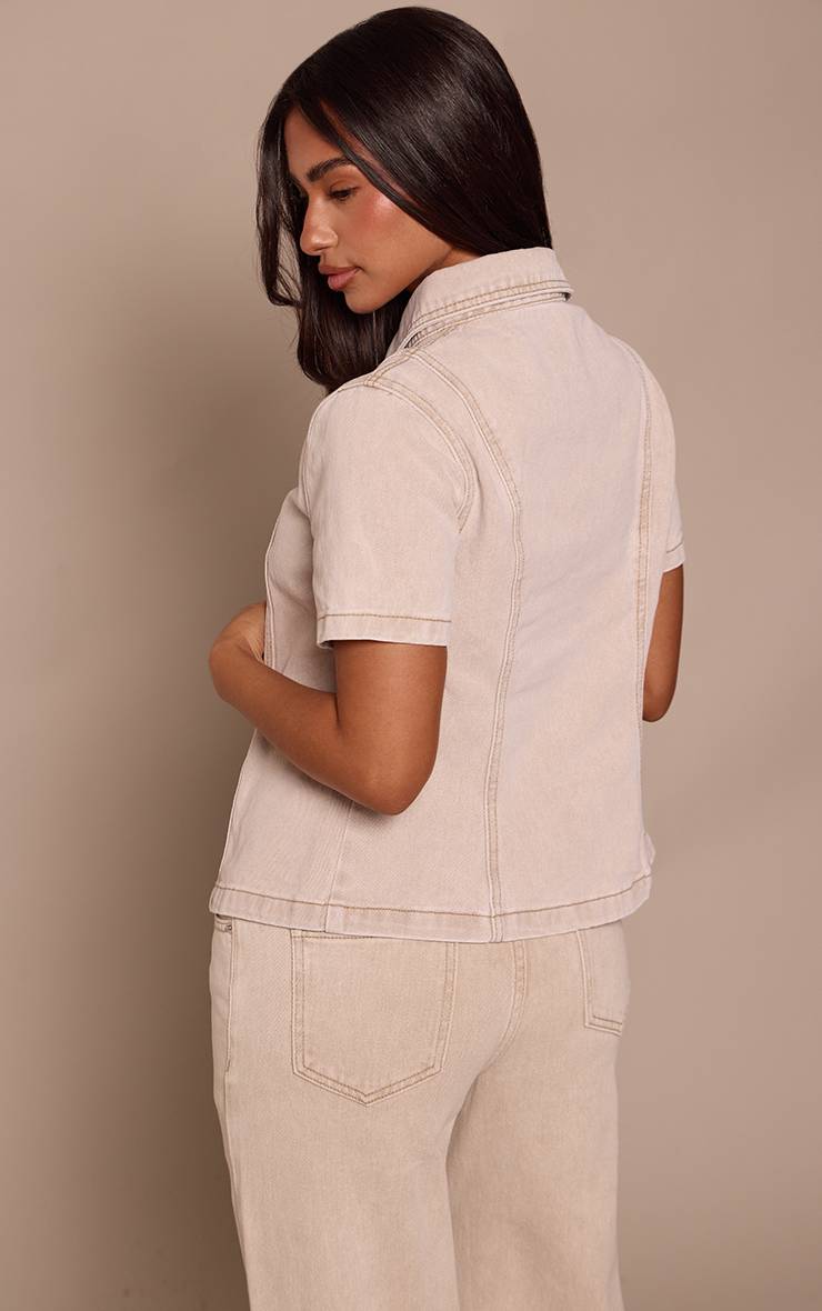 Gris Pierre Chemise Petite En Denim À Manches Courtes Avec Boutonnage