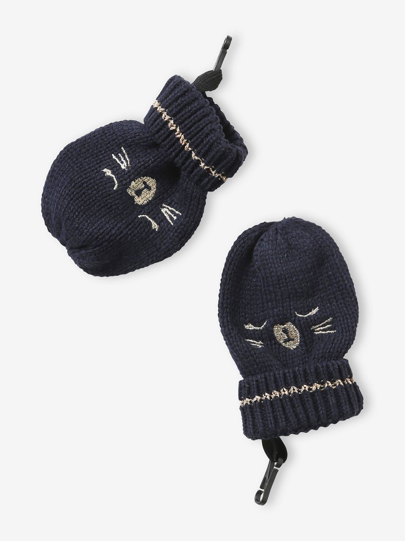 Conjunto de malha jacquard para bebê menina, composto por gorro, cachecol e luvas, na cor azul escuro lisa com estampas.