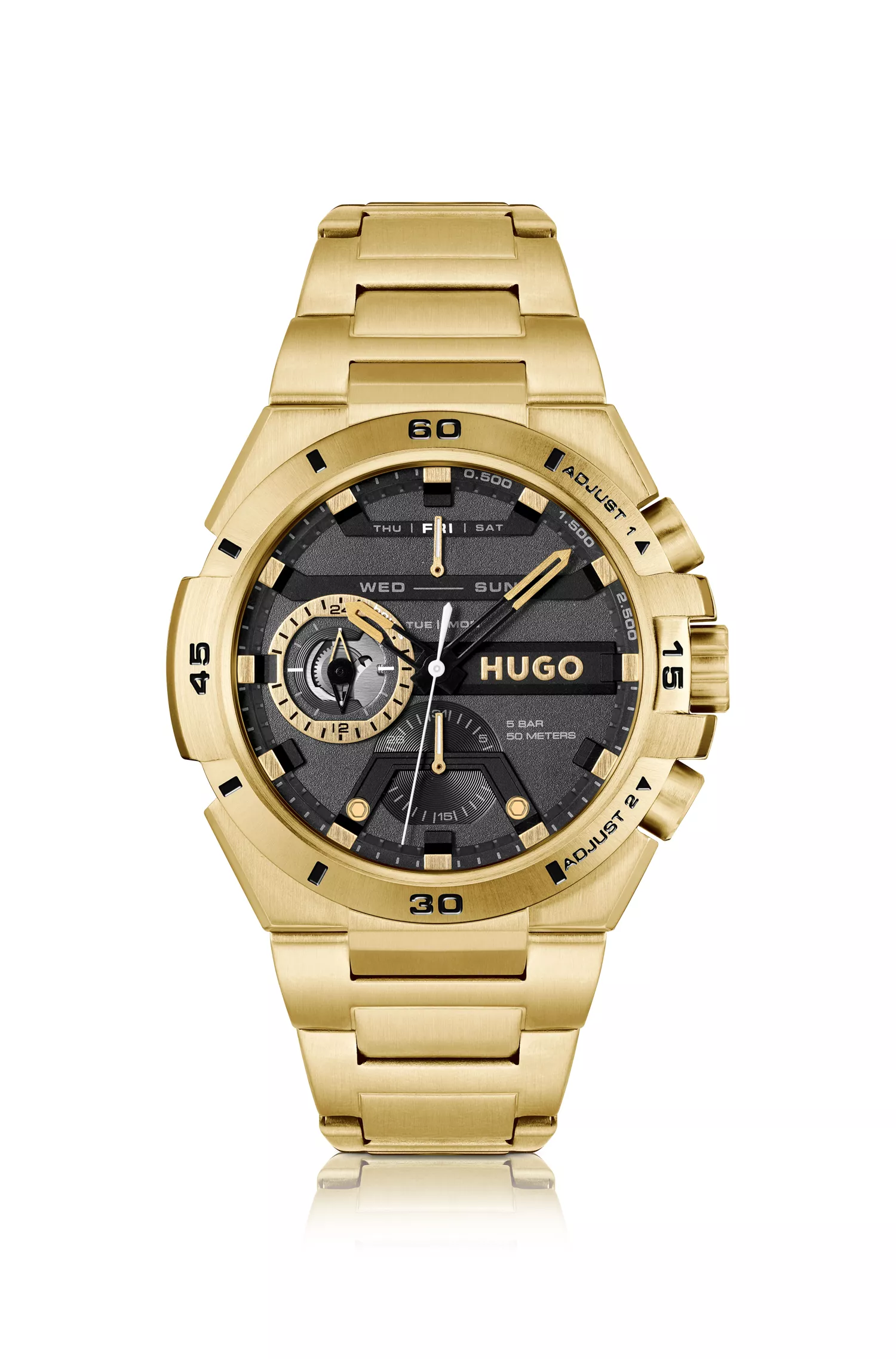 Relógio HUGO com mostrador vermelho e preto em aço com acabamento em tom de ouro amarelo.