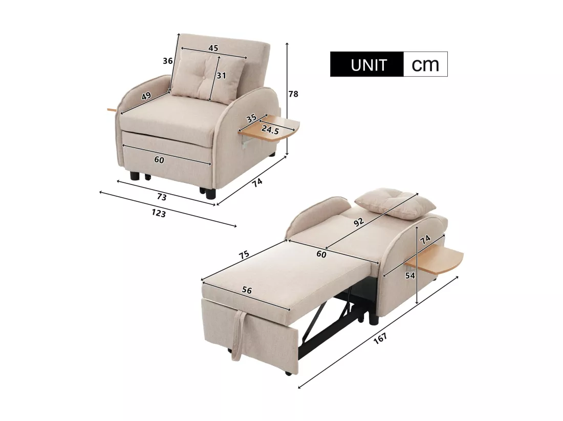 Fauteuil escamotable en lin - avec tables d'appoint pliantes - Beige