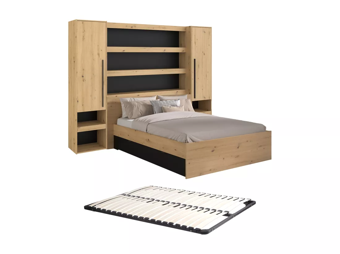 Lit pont 160 x 200 cm avec rangements - Avec LEDs - Coloris : Naturel et noir + Sommier - VARLY
