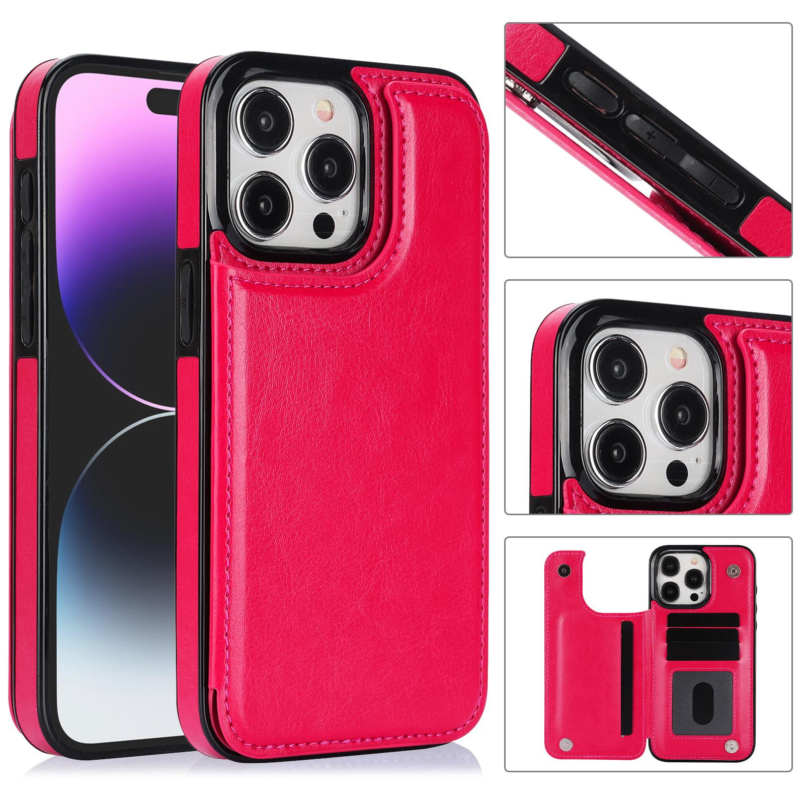 iPhone 15 Pro Max Hybrid Leder Hülle mit Kartenfach   Kickstand Aufsteller - Pink