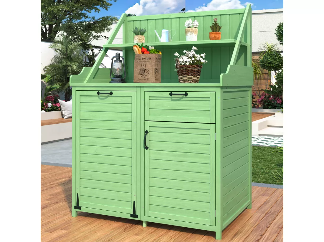 Armoire de jardin, abri de jardin en bois massif avec 2 portes, 1 tiroir et étagères de rangement - 100 x 43 x 154 cm - Vert