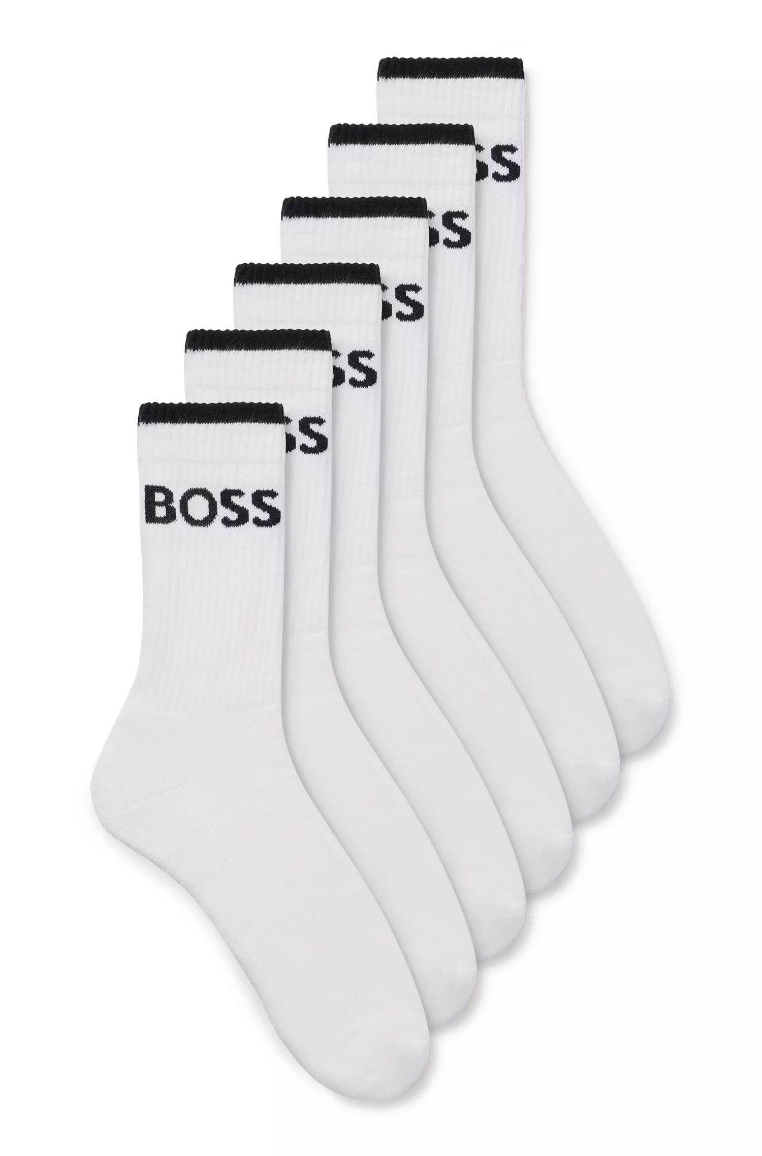 BOSS Black - Pacote com seis pares de meias curtas caneladas em mistura de algodão.