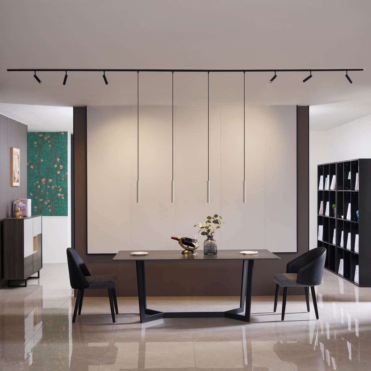 Modern railsysteem met 6 spots en 4 hanglampen beige met zwart 1-fase - Slimline Uzzy Keno