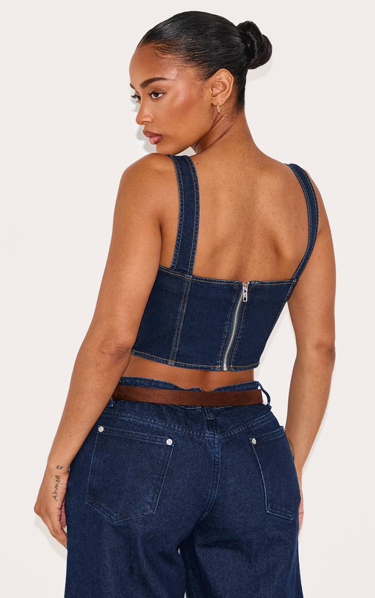 Bleu Indigo Foncé Corset En Denim Délavé Ajusté