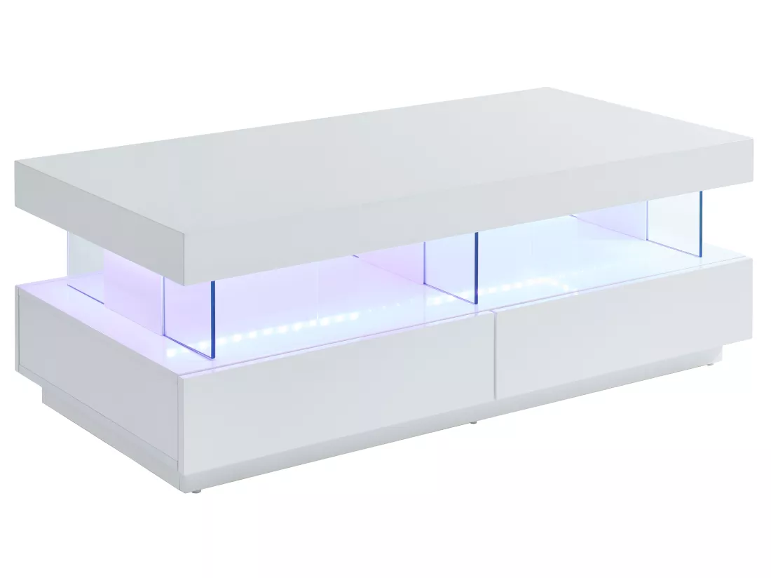 Table basse 2 tiroirs et 2 niches avec LEDs - MDF et verre trempé - Blanc laqué - FABIO II