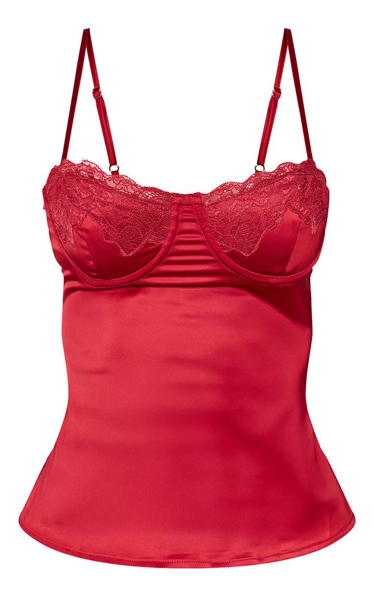Rouge Bordeaux Caraco En Satin Avec Détail De Dentelle Contrastée Sur Le Buste