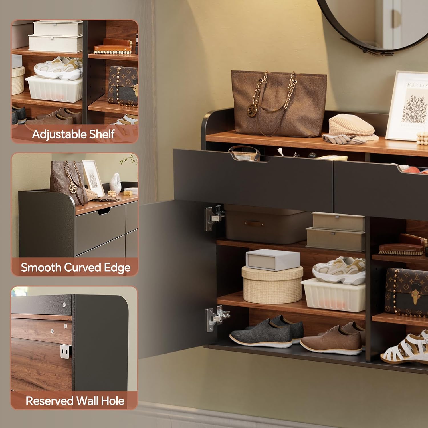 MSFE Hängender Schuhschrank Schmal Flurschrank, Schuhaufbewahrung Holz Platzsparender, Schuhschrank Schwarz mit Schublade, für Eingang, Wohnzimmer, Flur,100 x 63 x 22 cm (BxHxT)