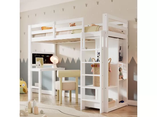 Lit superposé Lit enfant 90x200 cm avec bureau armoire ouverte et étagères blanc