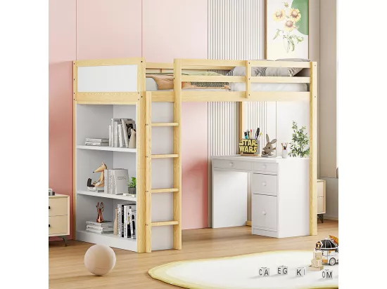 Lit superposé enfant 90 X 200 cm, avec armoire de rangement et bureau d'ordinateur, couleur bois originale