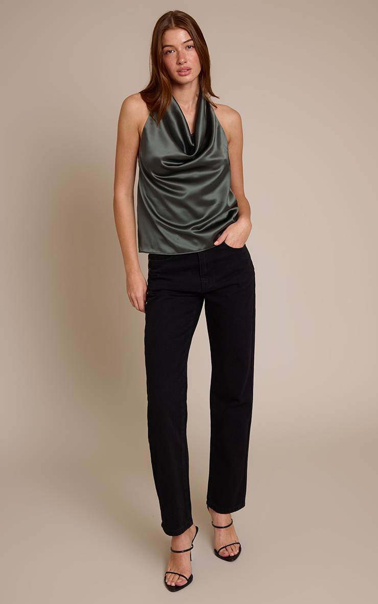 Dark Khaki Top Dos Nu En Satin Col Licou Avec Lien À Nouer