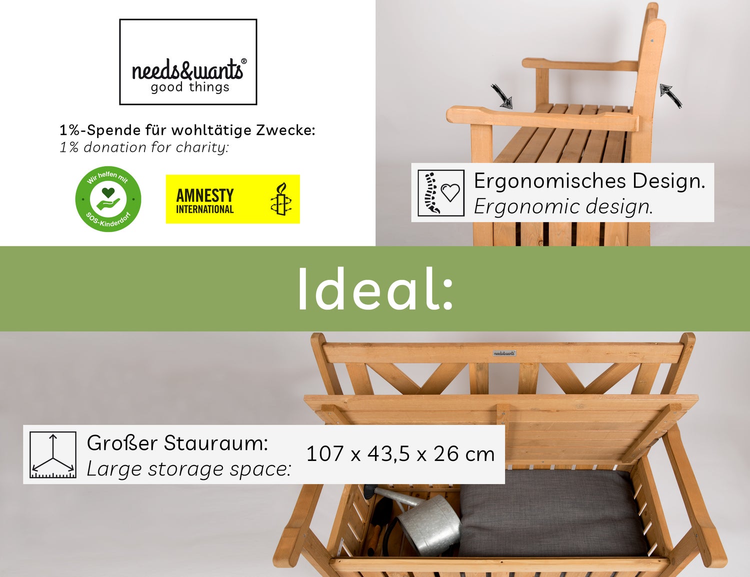 needs&wants® Weerbestendige houten tuinbank met opbergruimte en hoes, 2-zitskistbank, klassieke houten bank, parkbank, massief houten tuinbank met opbergkist, natuurlijk hout, donkerbruin