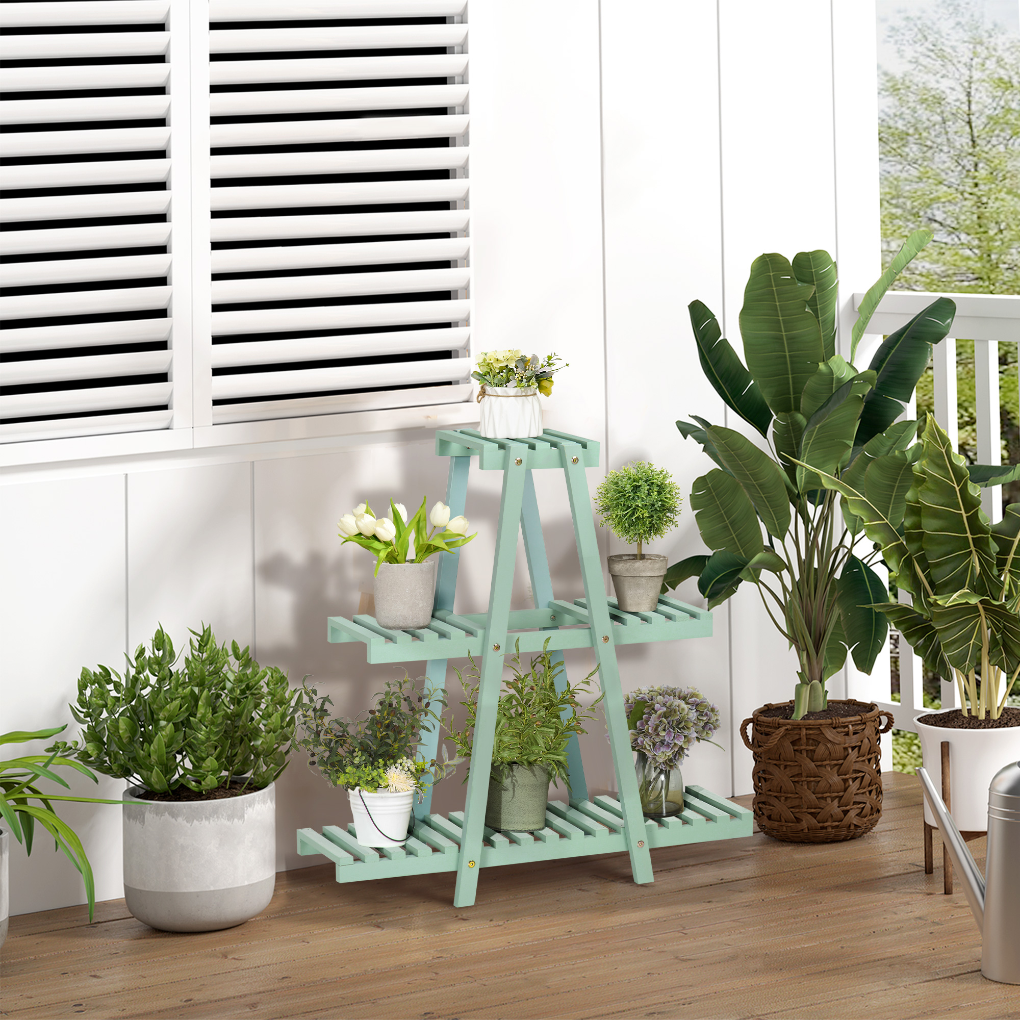 Suporte de madeira para plantas Outsunny, prateleira de flores de 3 níveis, suporte decorativo para plantas de interior/exterior, 76x26x76 cm, verde