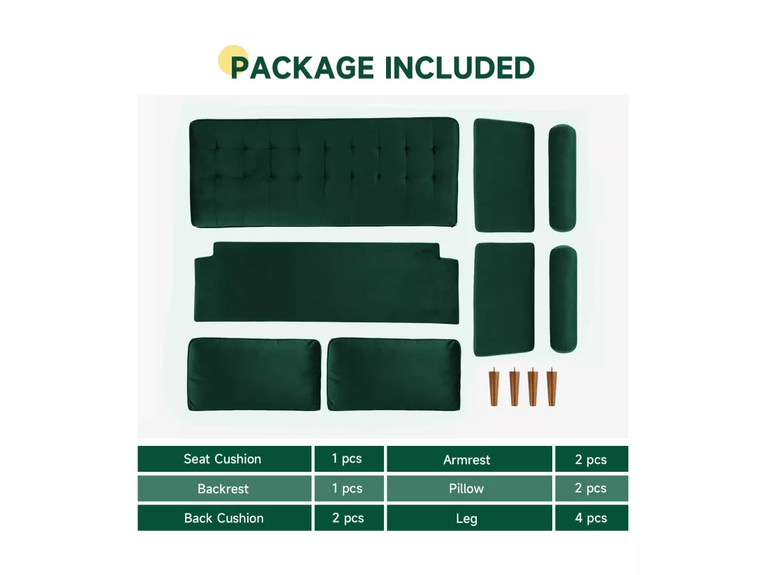 Canapé Moderne en Velours Vert 2 Places, Accoudoirs Rembourrés, Pieds en Bois Massif, Moelleux, 143x77x86cm