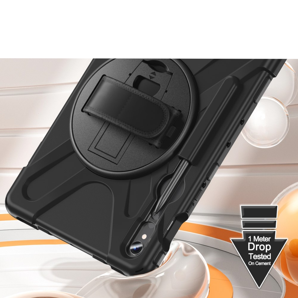 Samsung Galaxy Tab S10 Lite / S10 FE / Tab S9 FE / S9 Hybrid Outdoor Silikon Case Hülle mit Aufsteller und Handschlaufe - Schwarz
