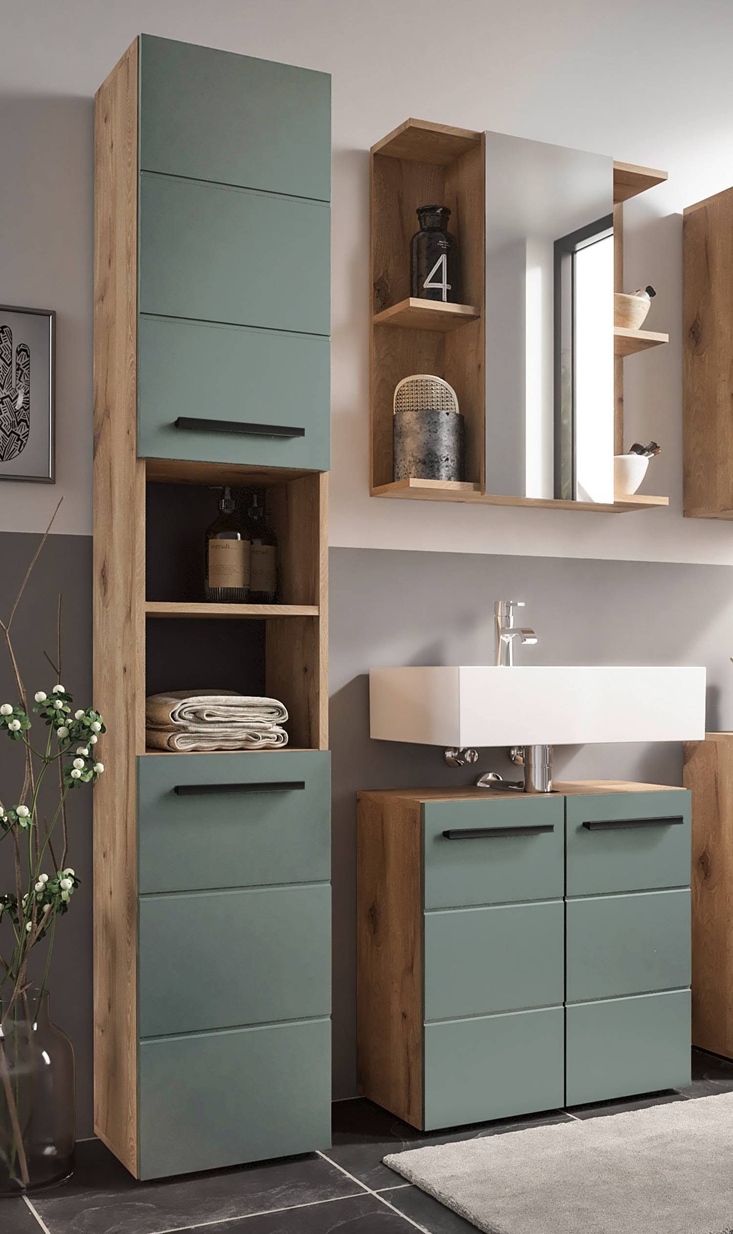 loftscape Badezimmerset Poway 3-teilig 94 x 190 x 31cm Braun/Grün/Mintgrau
