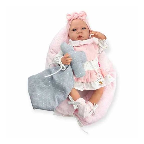 Berjuan Bebé Reborn com Vestido Branco e Laço Rosa e Mecanismo de Choro