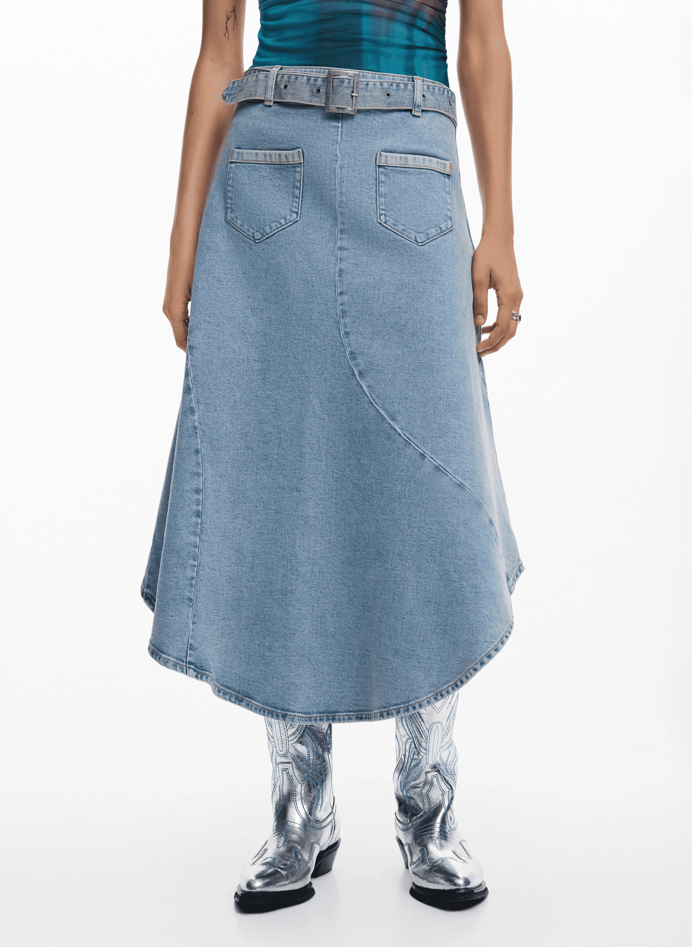 Jupe midi en denim de coton | Bleu