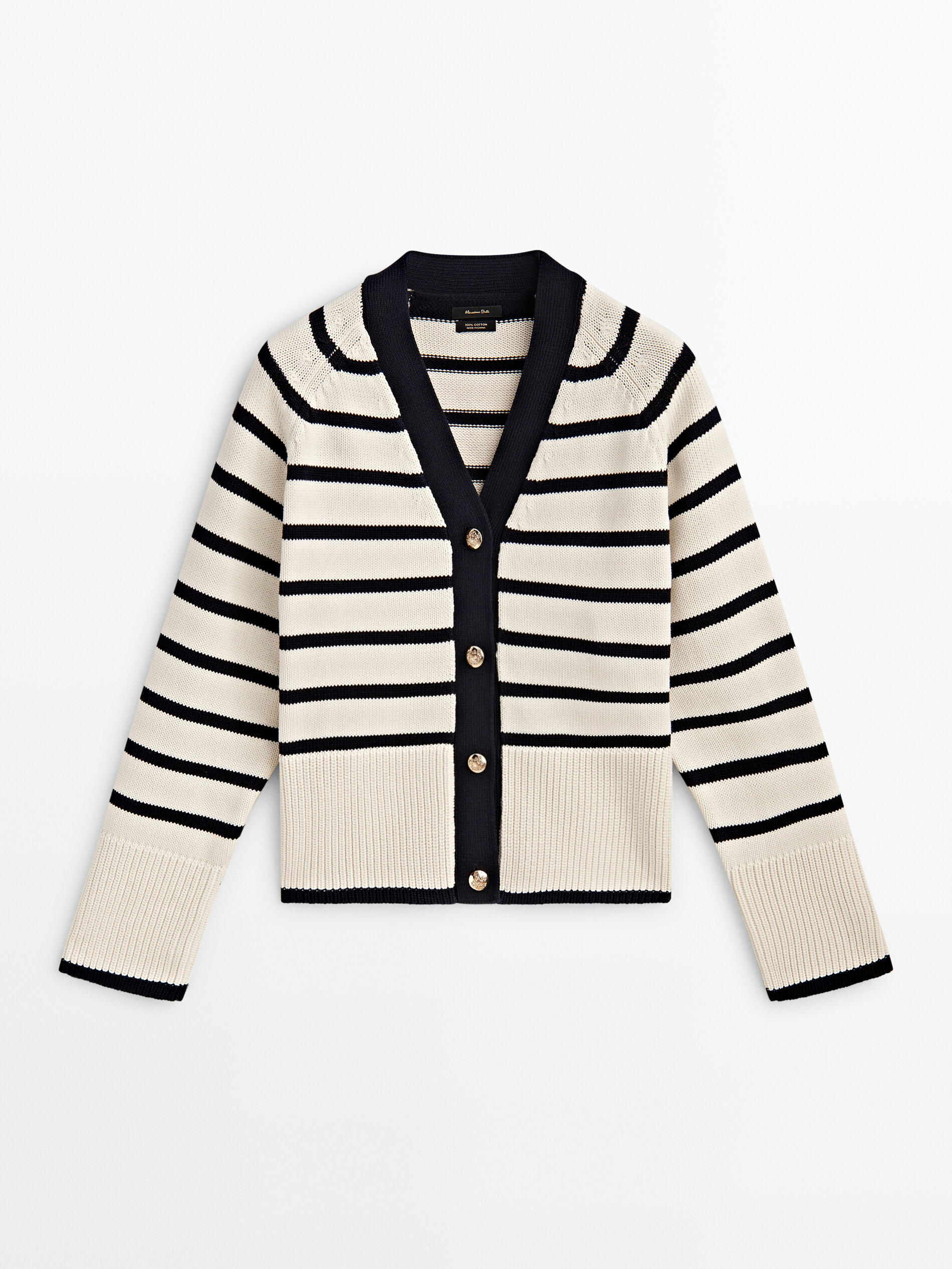 Cardigan listrado com decote em V - Cru