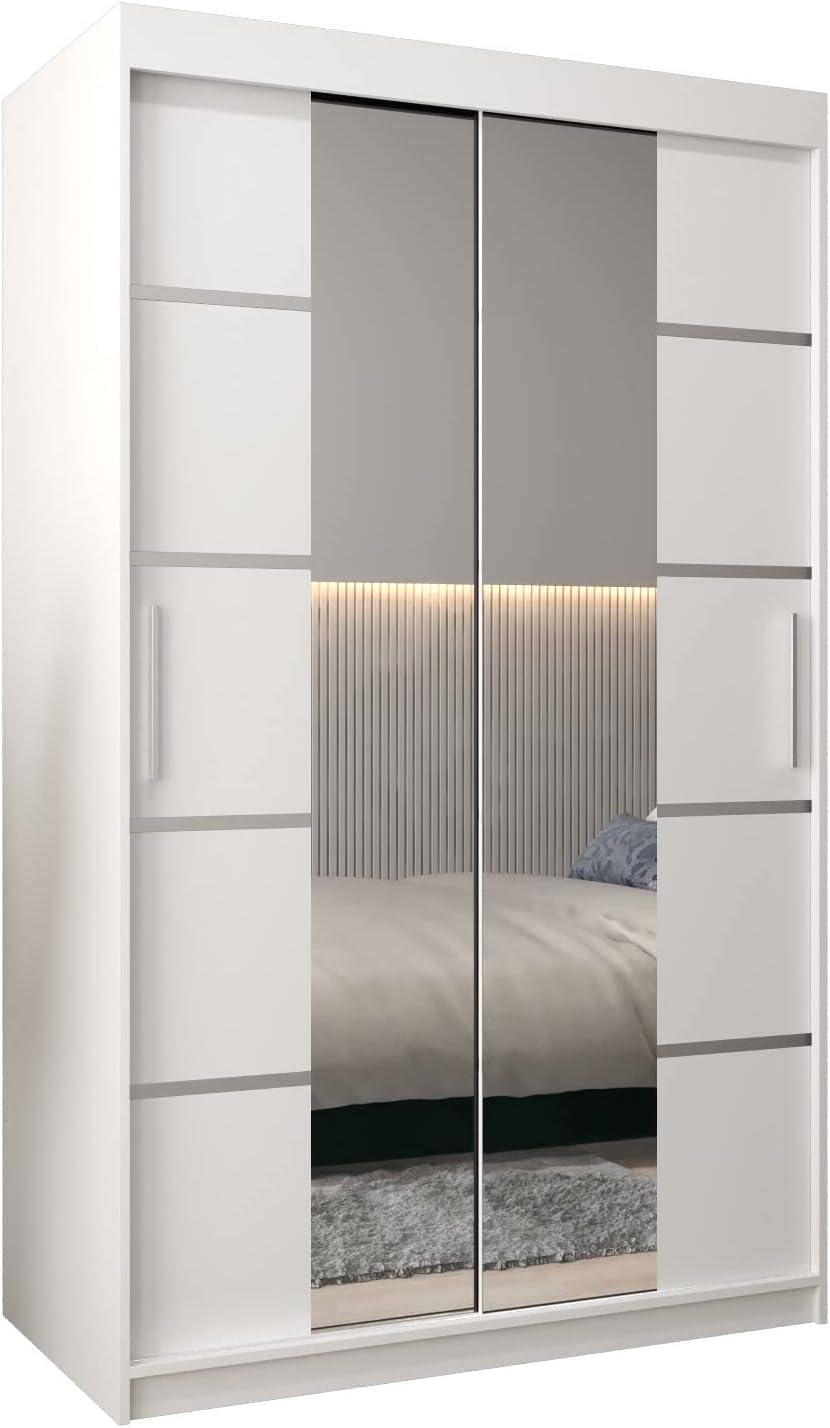 MEBLE KRYSPOL Verona 4 120 Schlafzimmerschrank Zwei Schiebetüren Kleiderschrank mit Spiegel Schiebetürenschrank Schrank mit Spiegel Kleiderstange und Regalen – 120x200x62cm - Mattweiß