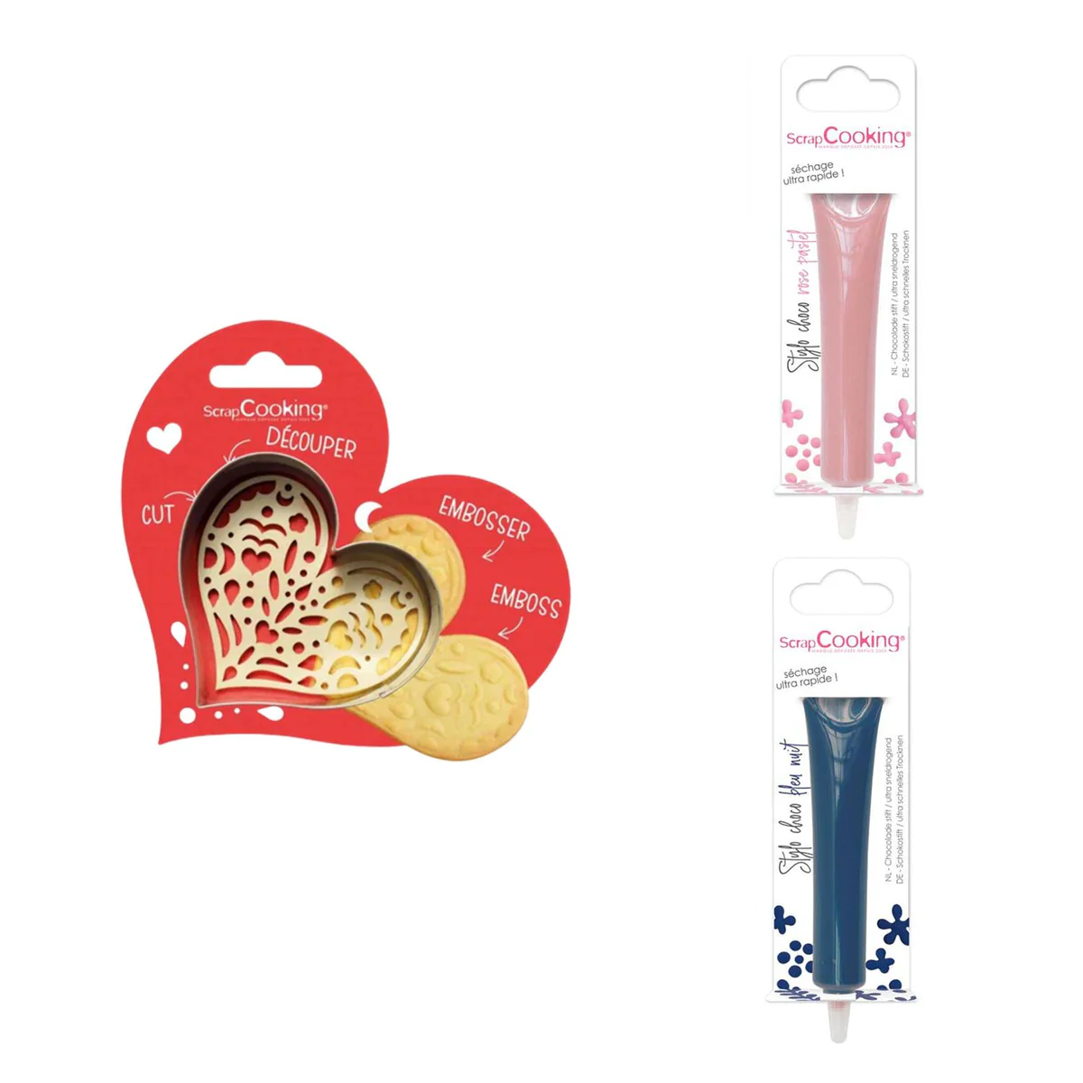Kit pour biscuit en relief Coeur + 2 Stylos au chocolat rose pastel et
